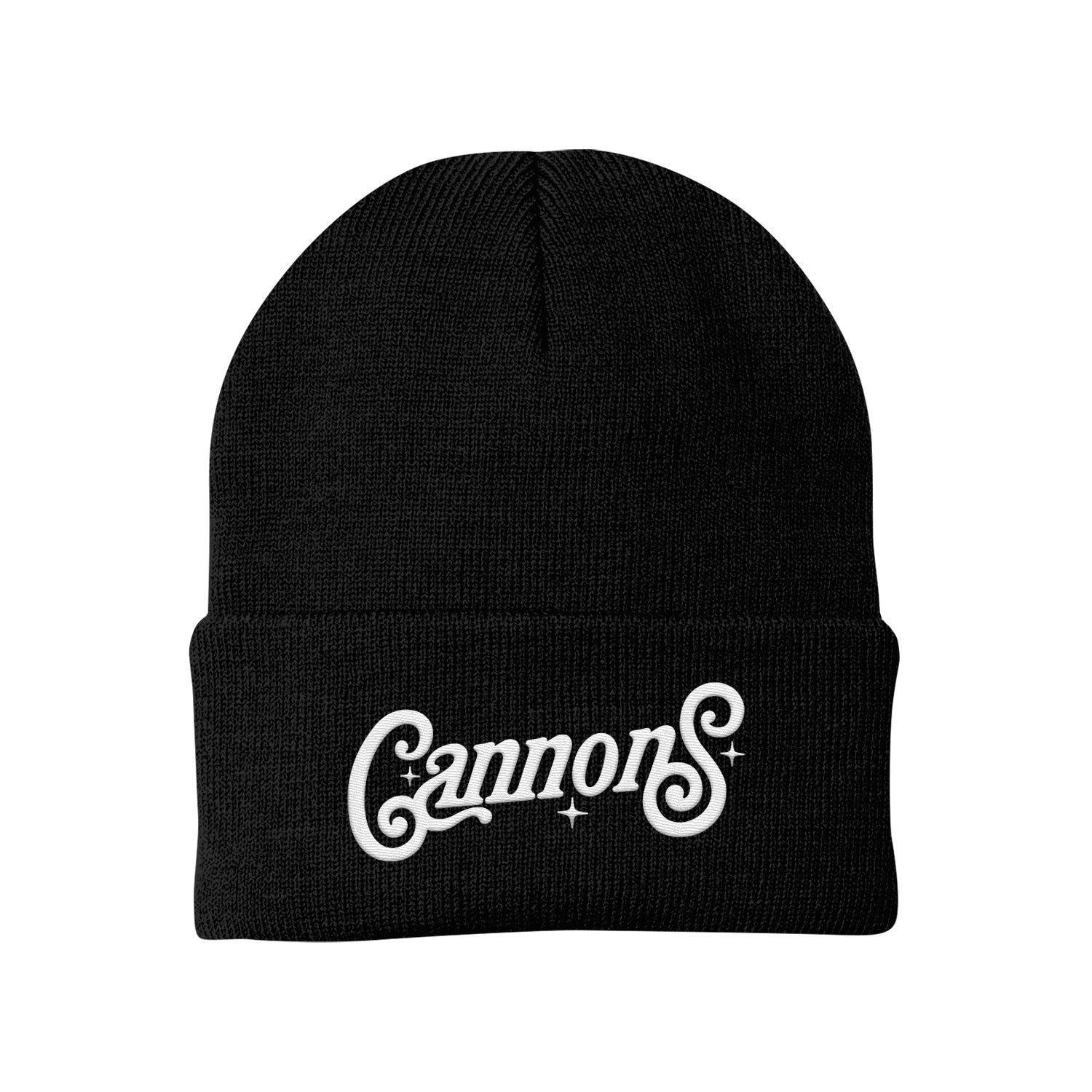 image of a black winter beanie on a white background. front cuff of beanie has white embroidery that says cannons with three stars