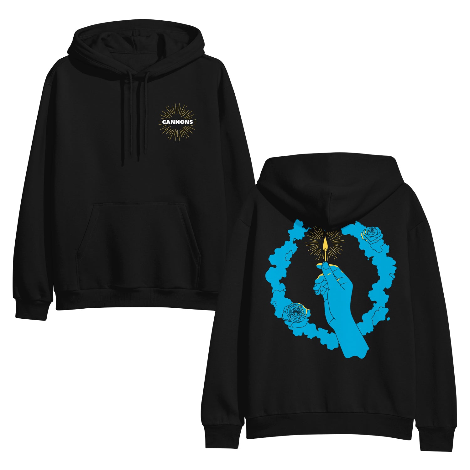 Image of the front and back of a black hooded sweatshirt on a white background. The front of the hoodie on the left chest says cannons in white writing, surrounded by the aura of a candle. The back of the hoodie is blue and features a hand holding up a match with a yellow flame and the same aura around the match. Surrounding the hand is a circle flower wreath in blue.