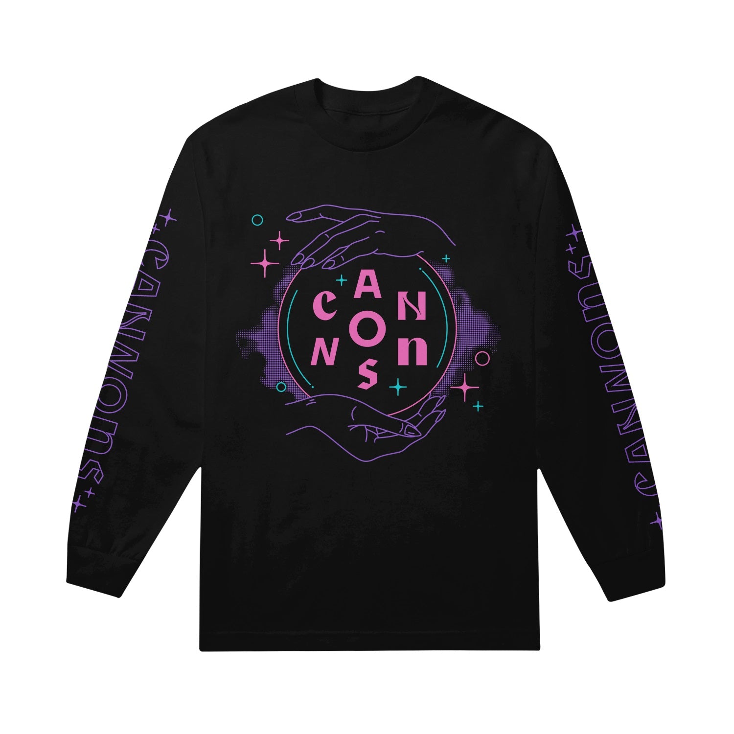 Image of a black longsleeve on a white background. The front of the long-sleeve features two purple hands on a crystal ball, with pink letters spelling out the word cannons. There are pink and green stars and circles around the design and a purple cloud aura behind and around the crystal ball. On the sleeves in purple there are stars and it says Cannons in outline writing with no fill.